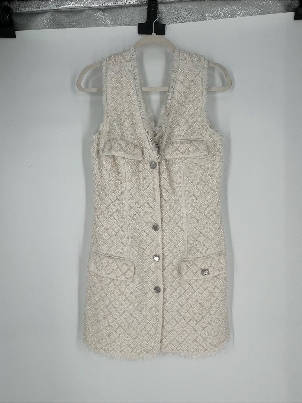 BHLDN Cream White Pearl Beaded Tweed Bridal Button Down Mini Dress M